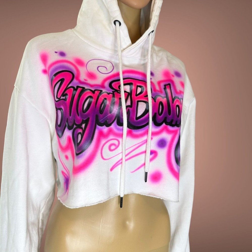 Zara Womens Crop Top Hooded Medium M White Pink Logo Sugar Baby Print Stretch